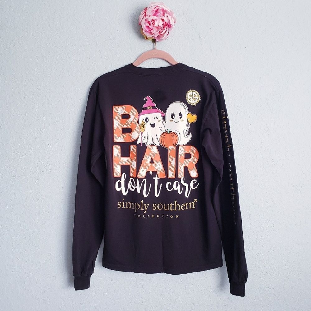 Simply Southern Boo Hair Don't Care Black Long Sleeve Tee